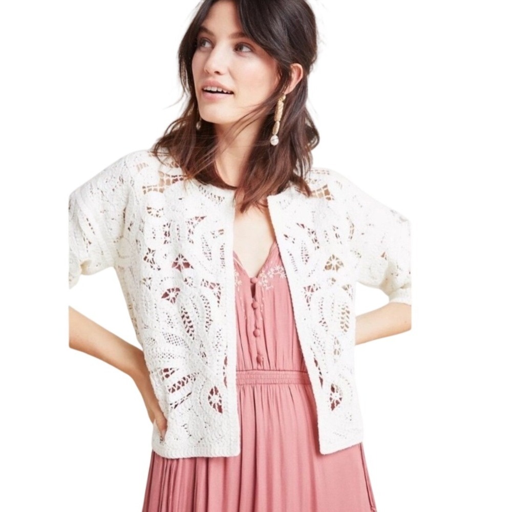 Anthropologie Ivory Crochet Lace Open Front Cardigan Cotton Blend $160 MSRP